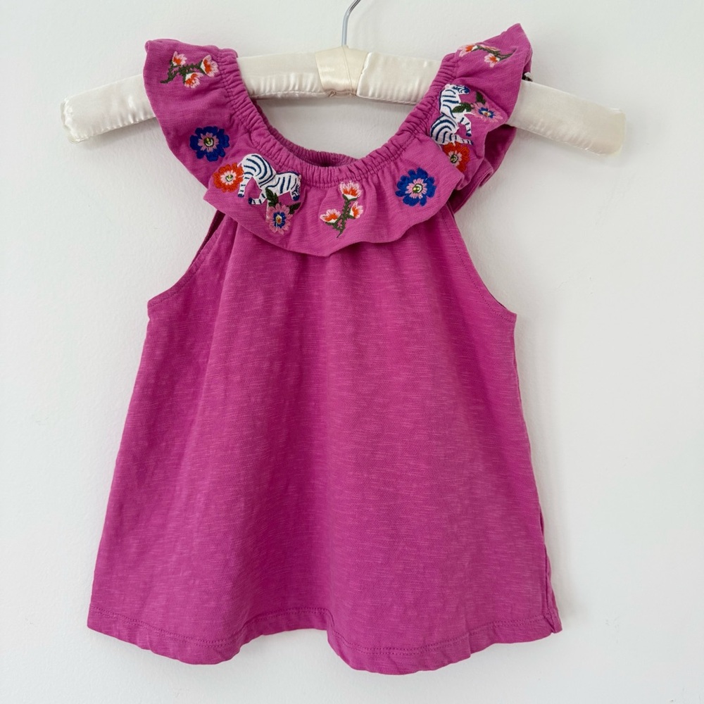 Mini Boden Pink Embroidered Ruffle Shoulder Cotton Tank, Size 5-6y - Picture 6 of 12